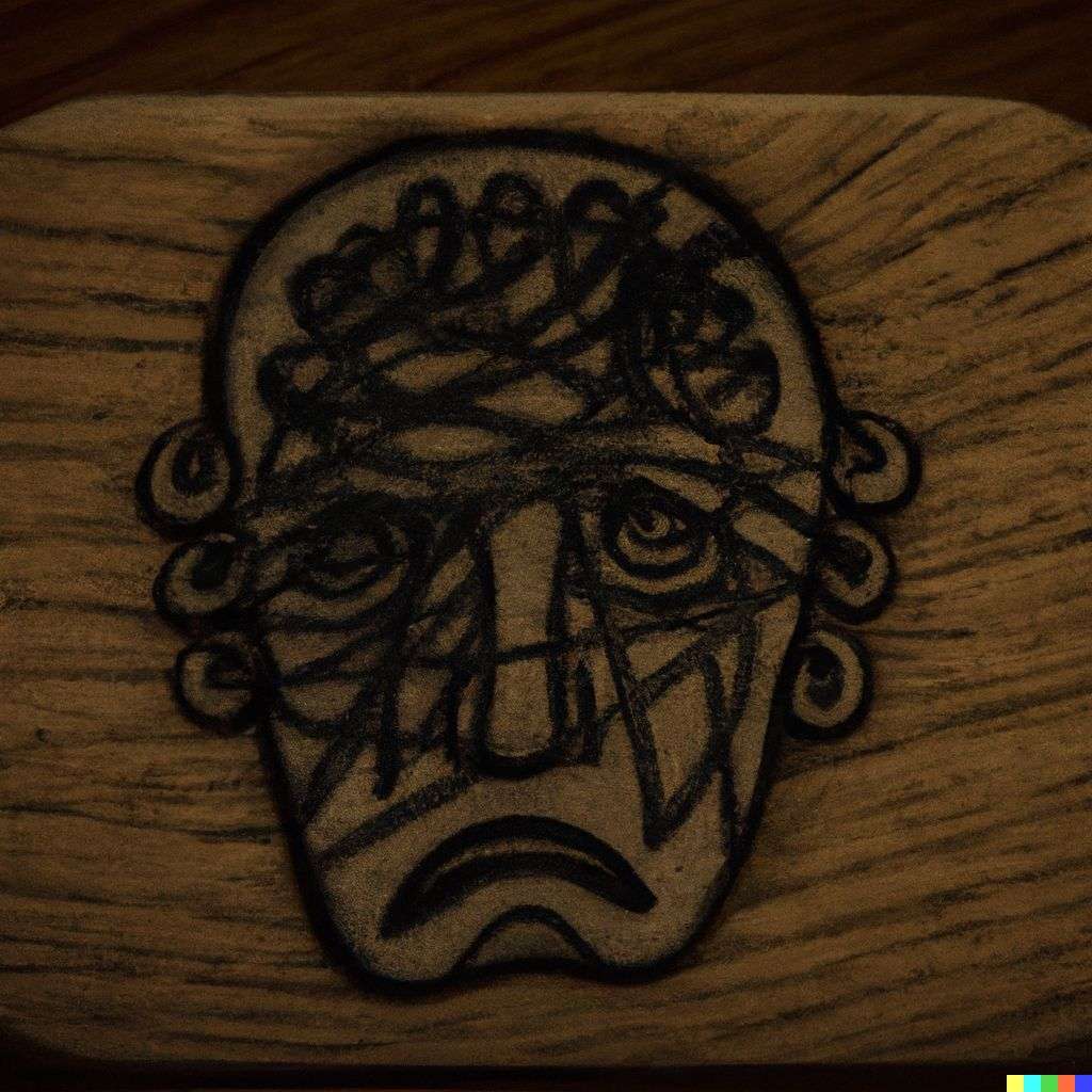 a representation of anxiety, pyrography on a piece of wood